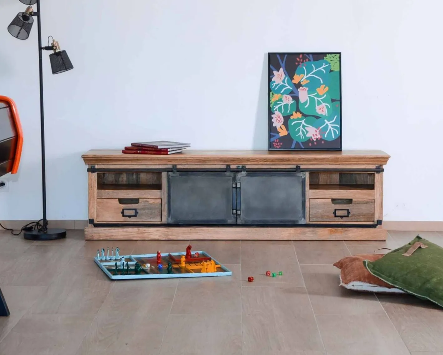 New Grand meuble TV bas 180cm bois naturel massif et métal gris "Haden" Meuble Télé