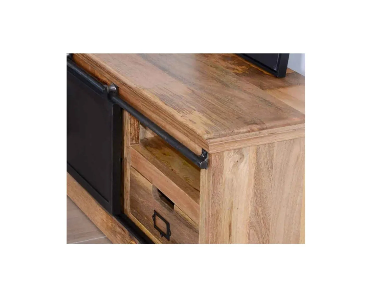 New Grand meuble TV bas 180cm bois naturel massif et métal gris "Haden" Meuble Télé