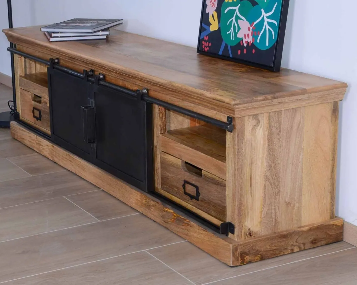 New Grand meuble TV bas 180cm bois naturel massif et métal gris "Haden" Meuble Télé