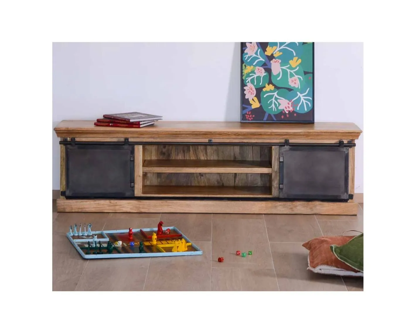 New Grand meuble TV bas 180cm bois naturel massif et métal gris "Haden" Meuble Télé