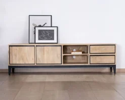 Clearance Grand meuble TV bicolore en manguier avec portes, niches et tiroirs 