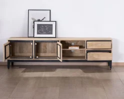 Clearance Grand meuble TV bicolore en manguier avec portes, niches et tiroirs 