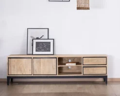 Clearance Grand meuble TV bicolore en manguier avec portes, niches et tiroirs 