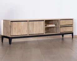Clearance Grand meuble TV bicolore en manguier avec portes, niches et tiroirs 