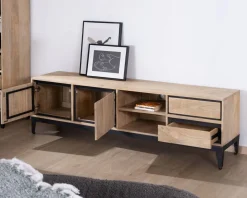 Clearance Grand meuble TV bicolore en manguier avec portes, niches et tiroirs 