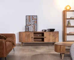 Grand meuble TV 175cm design arrondi vintage acacia massif "Boomer" 2 portes et 2 niches Meuble Télé
