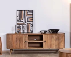Grand meuble TV 175cm design arrondi vintage acacia massif