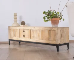 Clearance Grand meuble TV 180 cm en manguier massif avec portes, niches et tiroirs "Gola" Meuble Télé