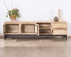 Clearance Grand meuble TV 180 cm en manguier massif avec portes, niches et tiroirs 