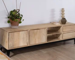 Clearance Grand meuble TV 180 cm en manguier massif avec portes, niches et tiroirs 