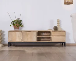 Clearance Grand meuble TV 180 cm en manguier massif avec portes, niches et tiroirs 
