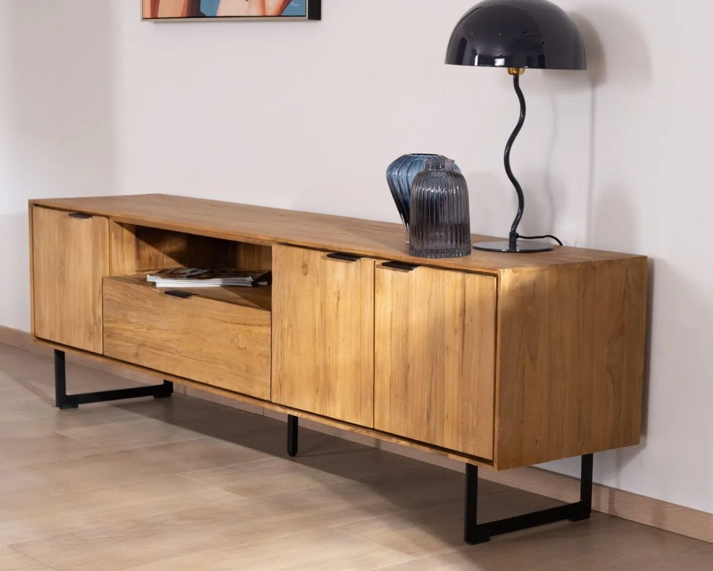 Sale Grand meuble TV 200 cm en teck recyclé "Bahia" style rétro Meuble Télé