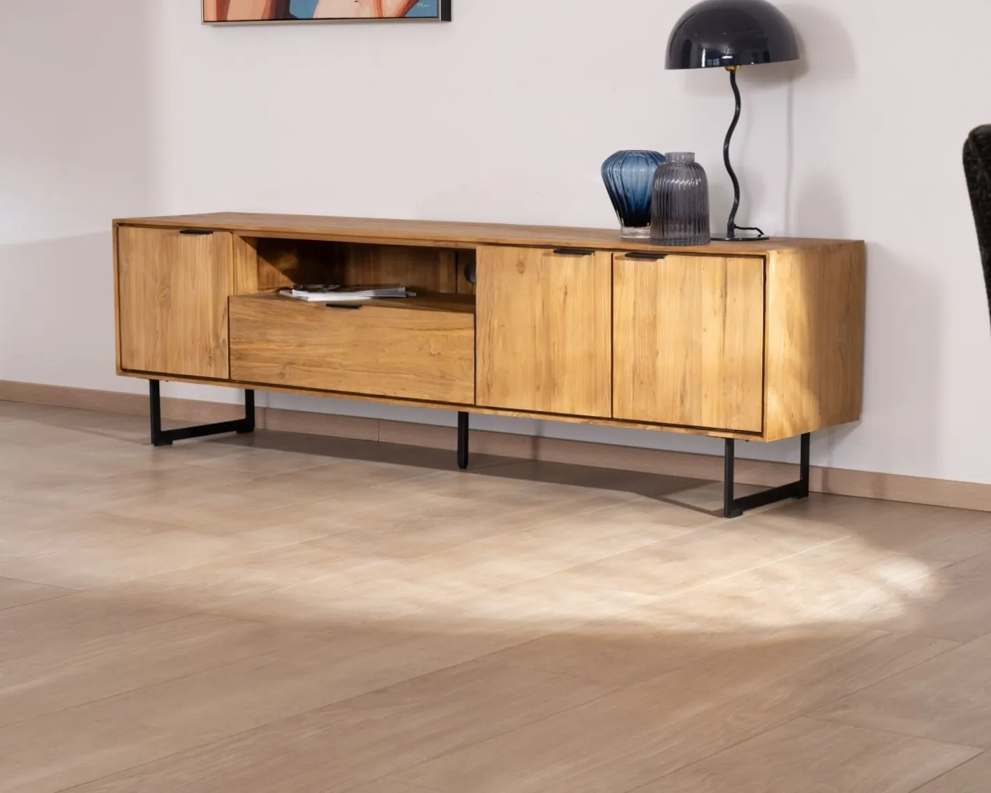 Sale Grand meuble TV 200 cm en teck recyclé "Bahia" style rétro Meuble Télé