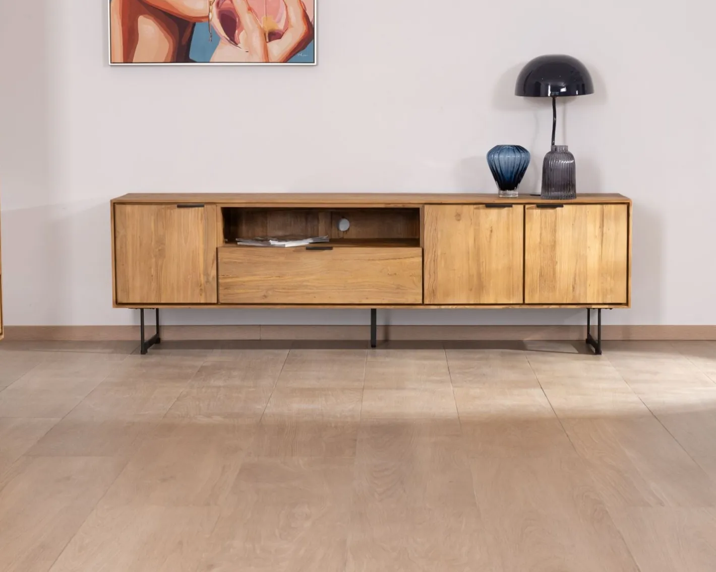 Sale Grand meuble TV 200 cm en teck recyclé "Bahia" style rétro Meuble Télé