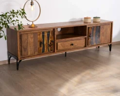 Best Grand meuble TV 200cm style ethnique avec motif résine "Membatu" acacia massif et piètement métal Meuble Télé