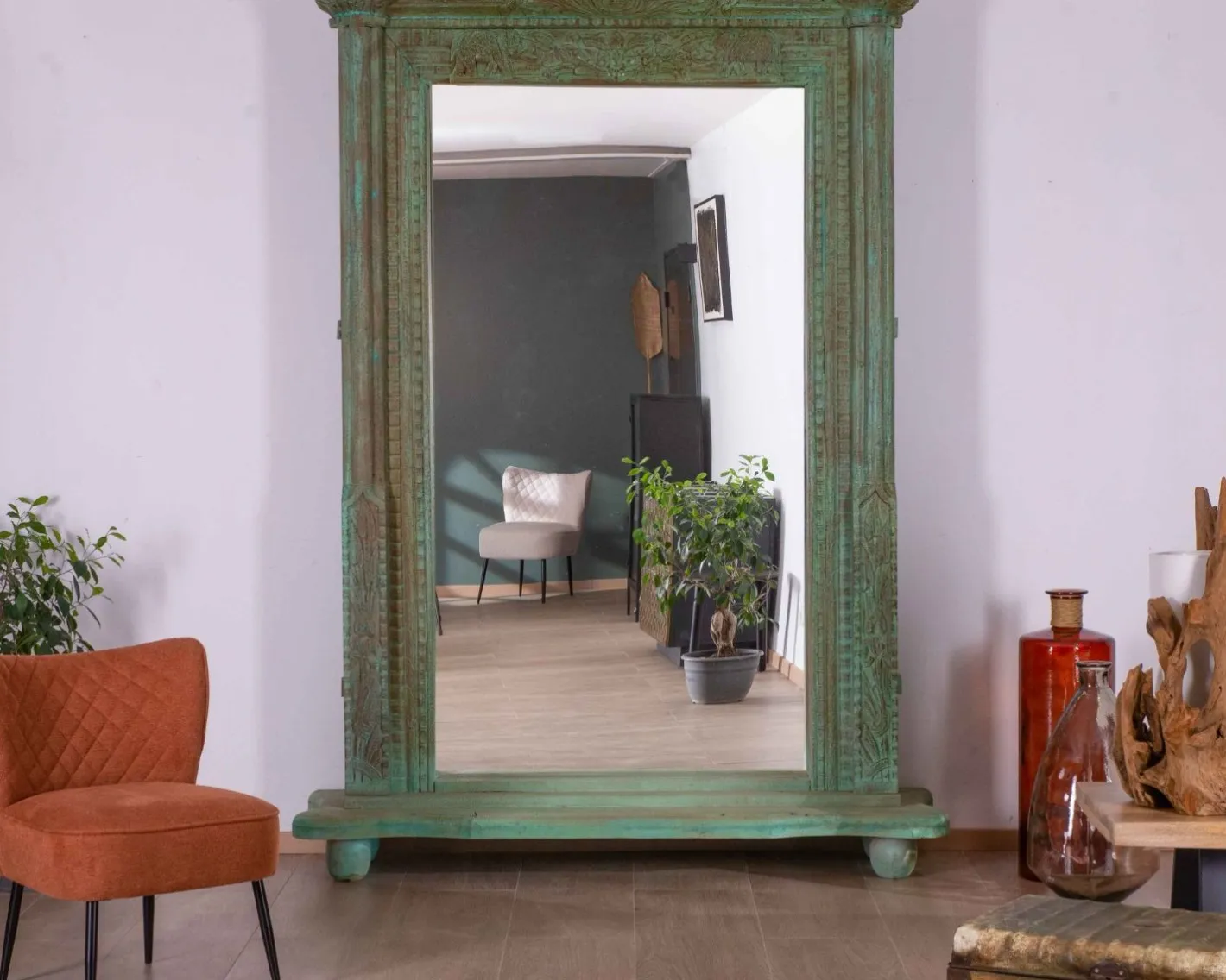 Grand miroir avec cadre indien en bois "Vieille Porte" pièce unique Miroir Et Psyché|Décoration