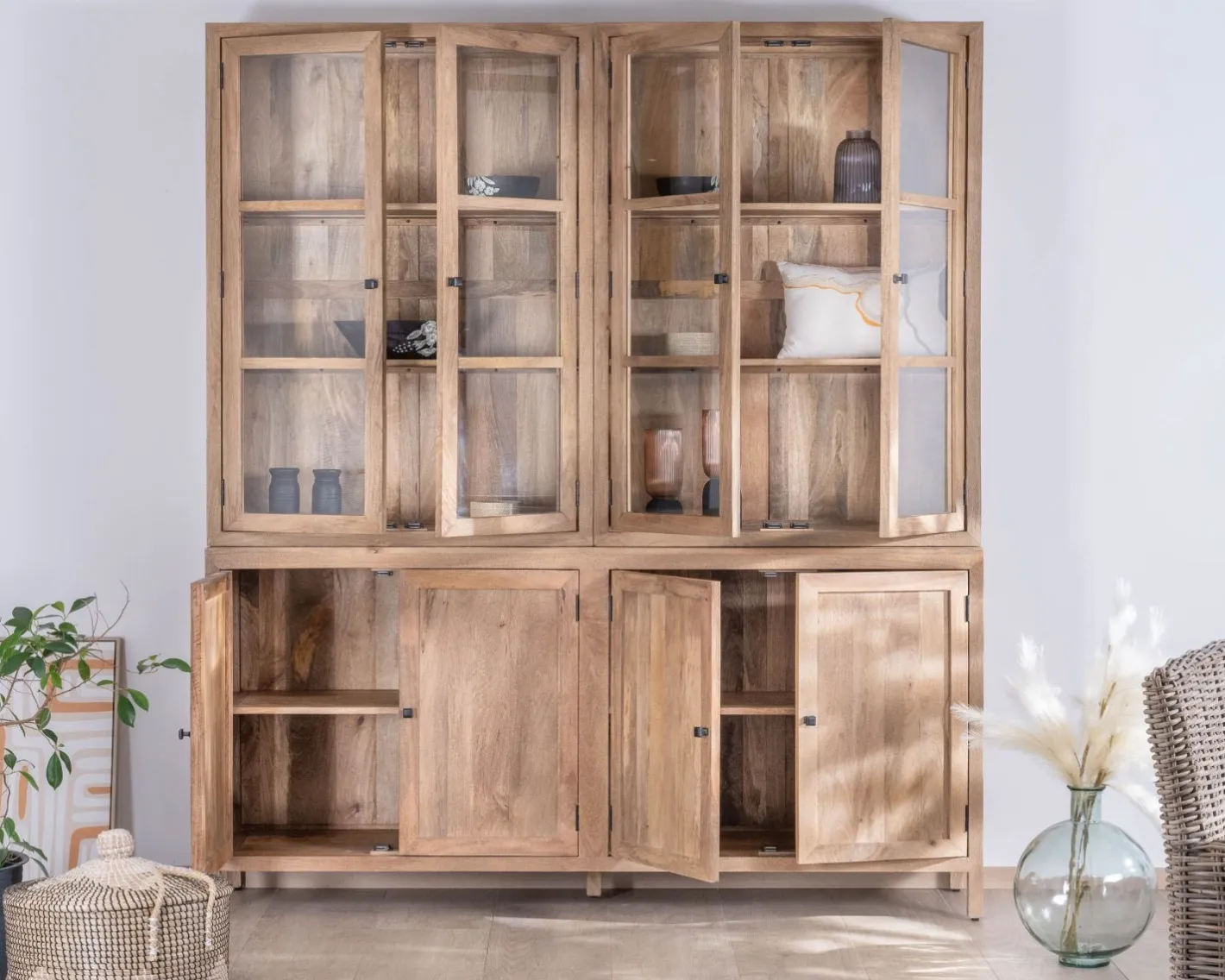 Clearance Grand vaisselier en manguier naturel et portes vitrées "Maestro" 200 cm Vaisselier