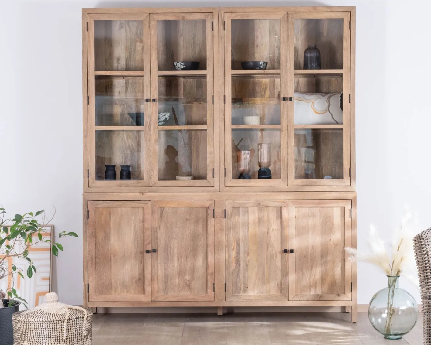 Clearance Grand vaisselier en manguier naturel et portes vitrées "Maestro" 200 cm Vaisselier