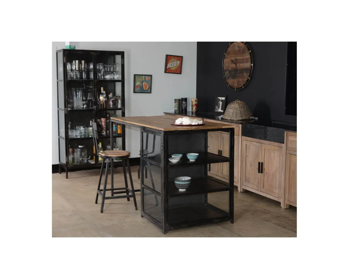 Outlet Ilot de cuisine en bois et métal noir 150 cm "Black Cook" Billot Et Ilot De Cuisine
