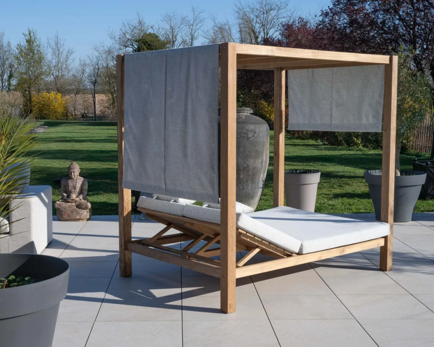 Online Lit de jardin en teck et tissu spécial extérieur gris clair "Eclipse" Canapé De Jardin|Bain De Soleil