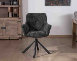 New Lot de 2 chaises avec accoudoirs en tissu noir et pied métal pivotant