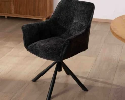 New Lot de 2 chaises avec accoudoirs en tissu noir et pied métal pivotant