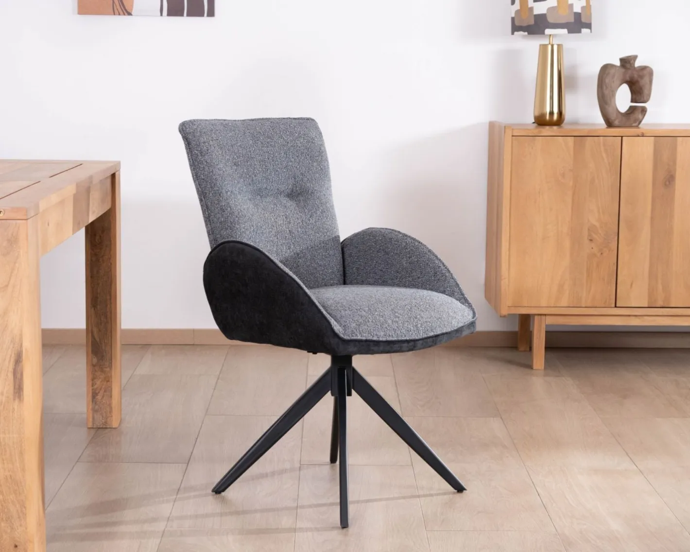 Hot Lot de 2 chaises avec accoudoirs en tissu bi-matière anthracite "Eddy" avec pied métal pivotant Chaise