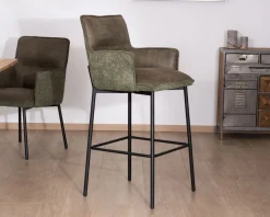 Lot de 2 chaises de bar bi-matière vert et pieds en métal noir "Lokka" effet cuir vieilli esprit rétro Chaise De Bar