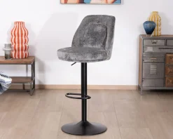 New Lot de 2 chaises de bar hauteur réglable en velours gris et pied métal noir 