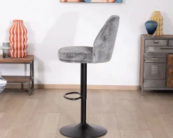 New Lot de 2 chaises de bar hauteur réglable en velours gris et pied métal noir 