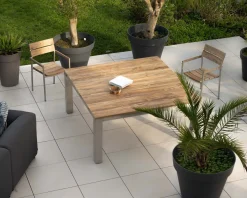 New Lot de 4 chaises de jardin empilables en teck et acier inoxydable