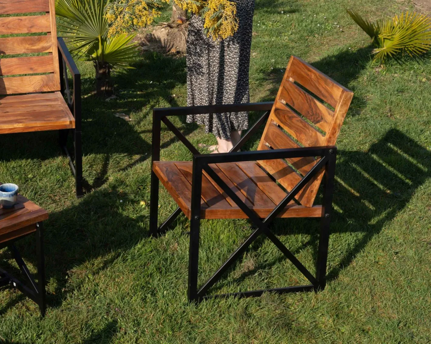 Clearance Lot de 2 chaises de jardin en bois et métal "Gardénia" Fauteuil De Jardin
