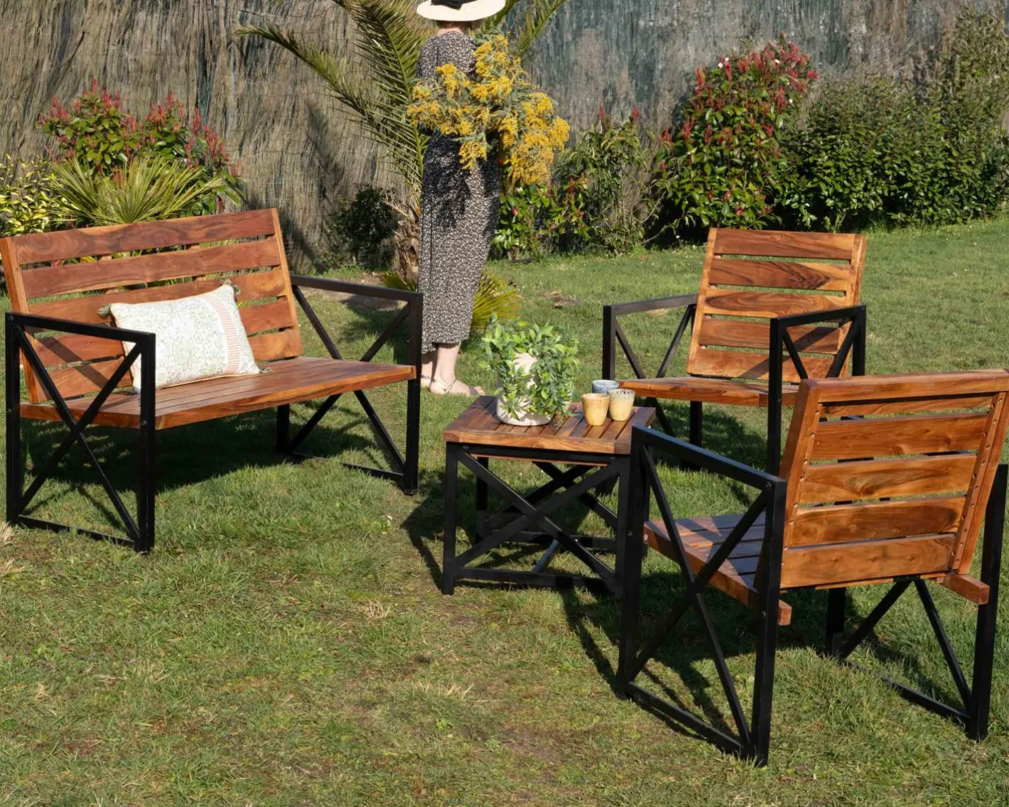 Clearance Lot de 2 chaises de jardin en bois et métal "Gardénia" Fauteuil De Jardin