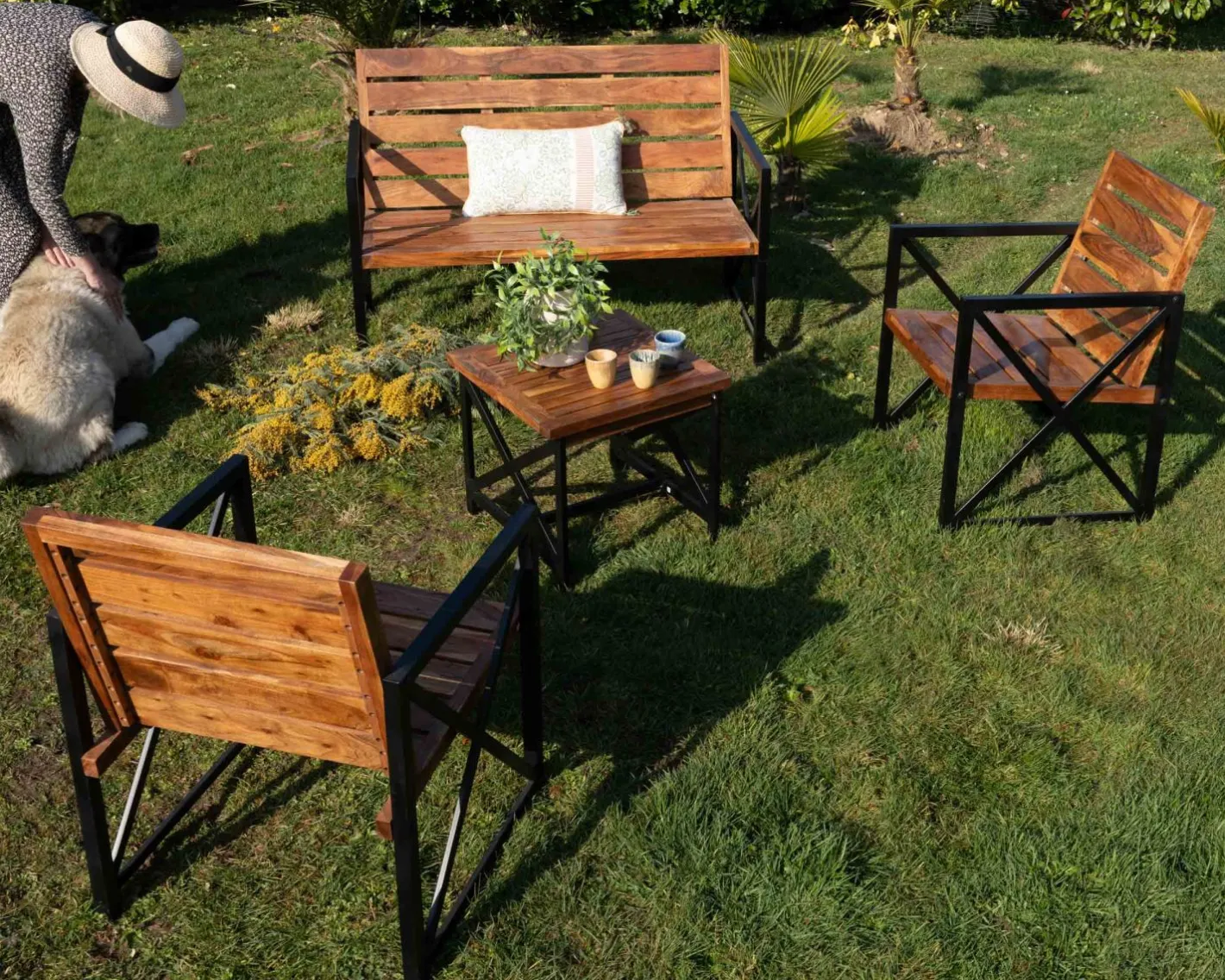 Clearance Lot de 2 chaises de jardin en bois et métal "Gardénia" Fauteuil De Jardin