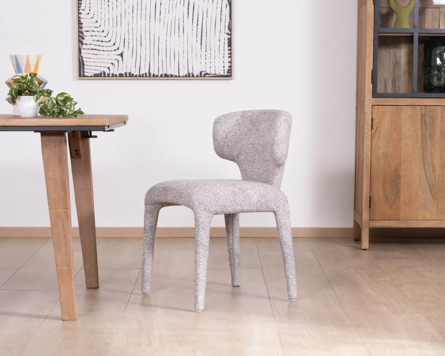 New Lot de 2 chaises de repas contemporaines “Milano” en tissu chiné gris clair à habillage intégral Chaise