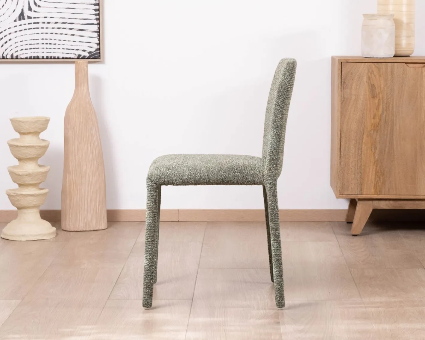 Hot Lot de 4 chaises de repas contemporaines “Otto” revêtement textile intégral en tissu vert sauge chiné Chaise