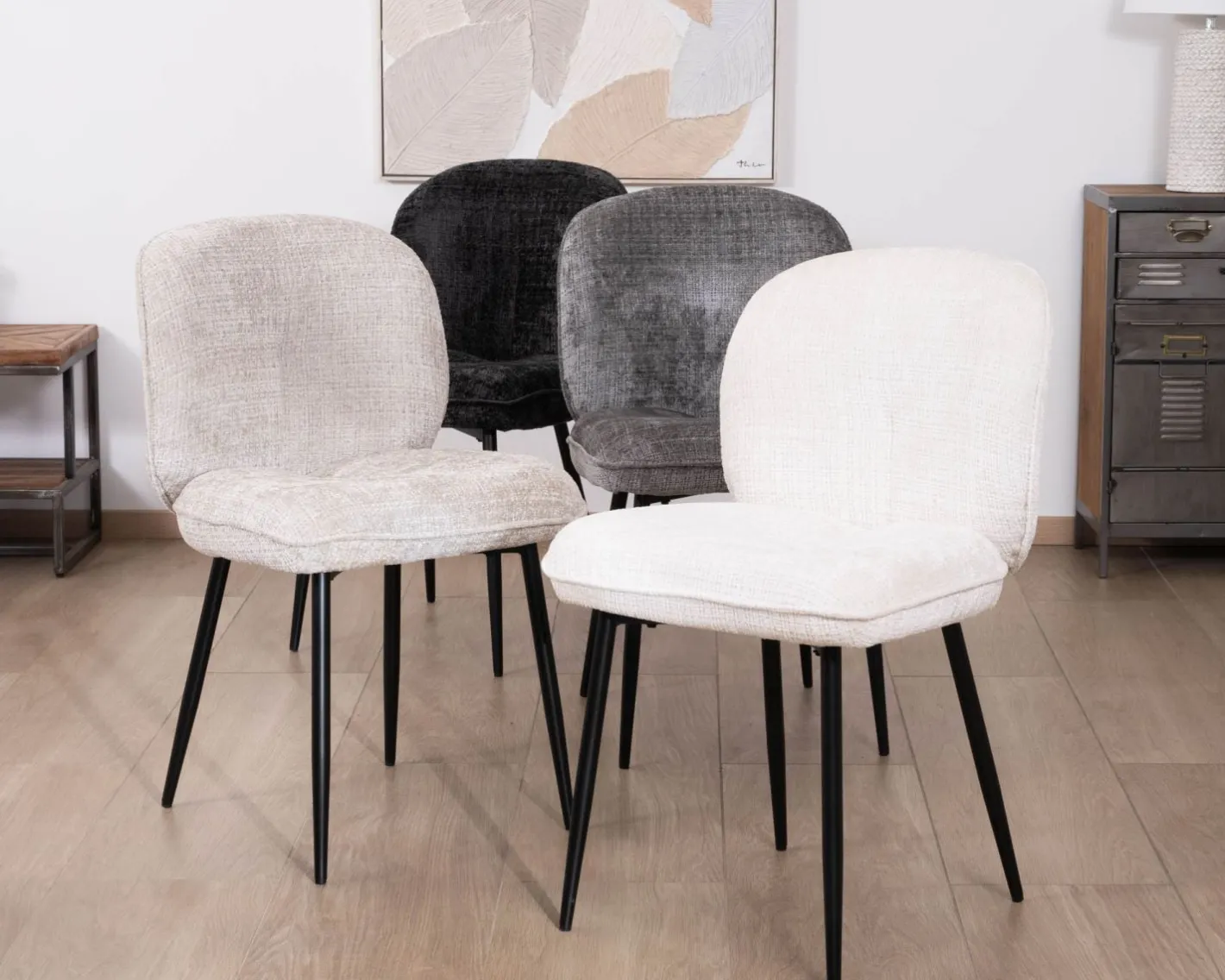 Lot de 2 chaises de repas design arrondi en tissu bouclette gris beige "Kinsac" Chaise
