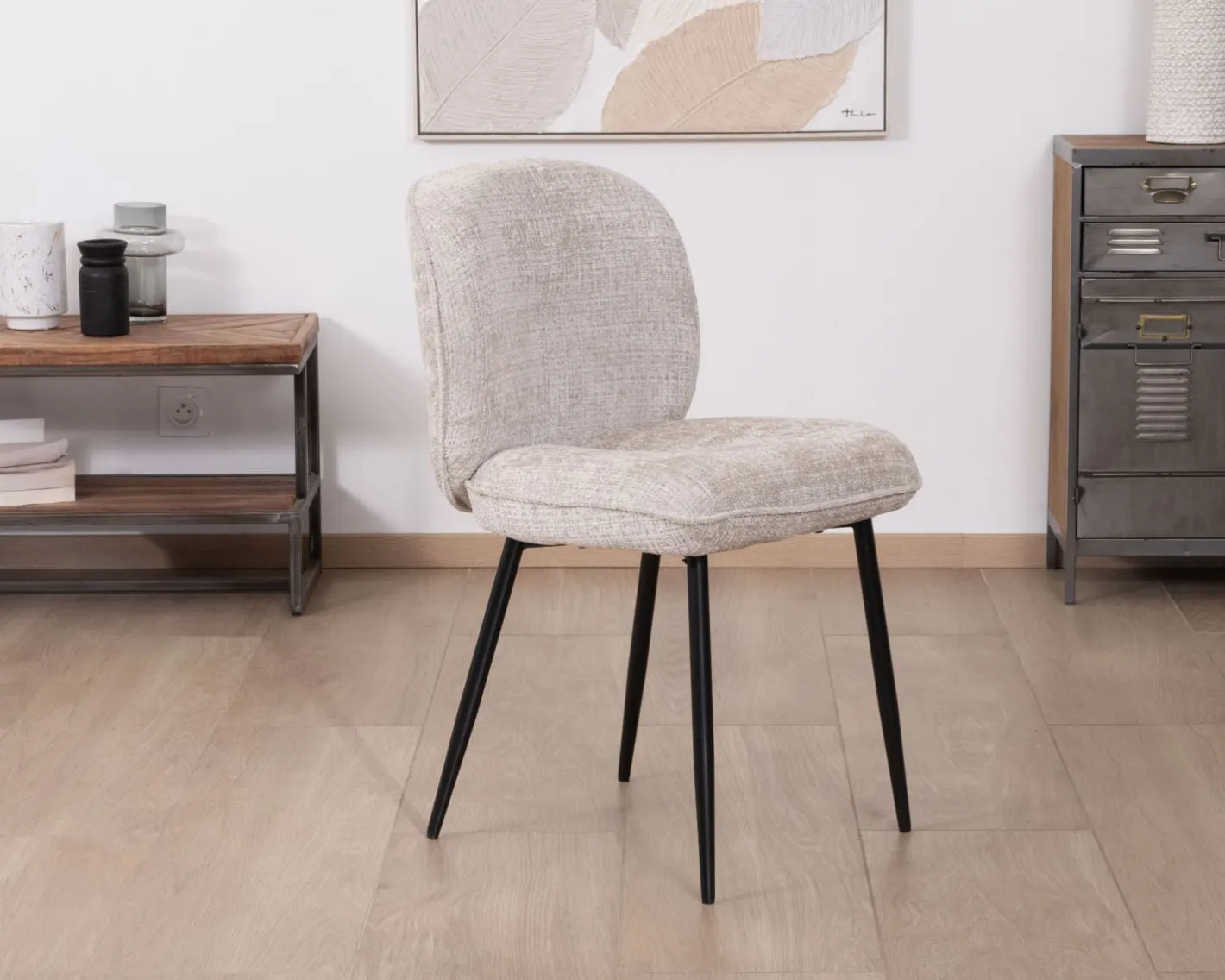 Lot de 2 chaises de repas design arrondi en tissu bouclette gris beige "Kinsac" Chaise