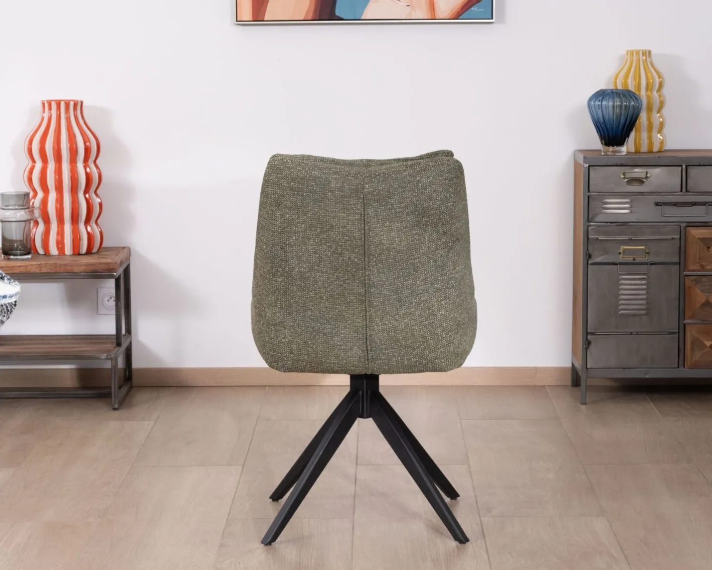 New Lot de 2 chaises de repas design contemporain en tissu vert "Webber" pied pivotant en métal noir Chaise