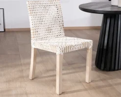 Discount Lot de 2 chaises de repas en teck et cuir blanc tressé "Mambow" Chaise