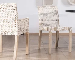 Discount Lot de 2 chaises de repas en teck et cuir blanc tressé