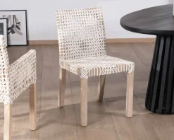 Discount Lot de 2 chaises de repas en teck et cuir blanc tressé