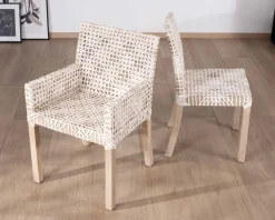 Discount Lot de 2 chaises de repas en teck et cuir blanc tressé
