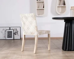 Discount Lot de 2 chaises de repas en teck et cuir blanc tressé