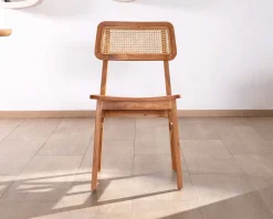 Lot de 2 chaises de repas en teck avec dossier en cannage