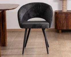 Hot Lot de 2 chaises de repas en velours côtelé anthracite et pieds métal noir vintage
