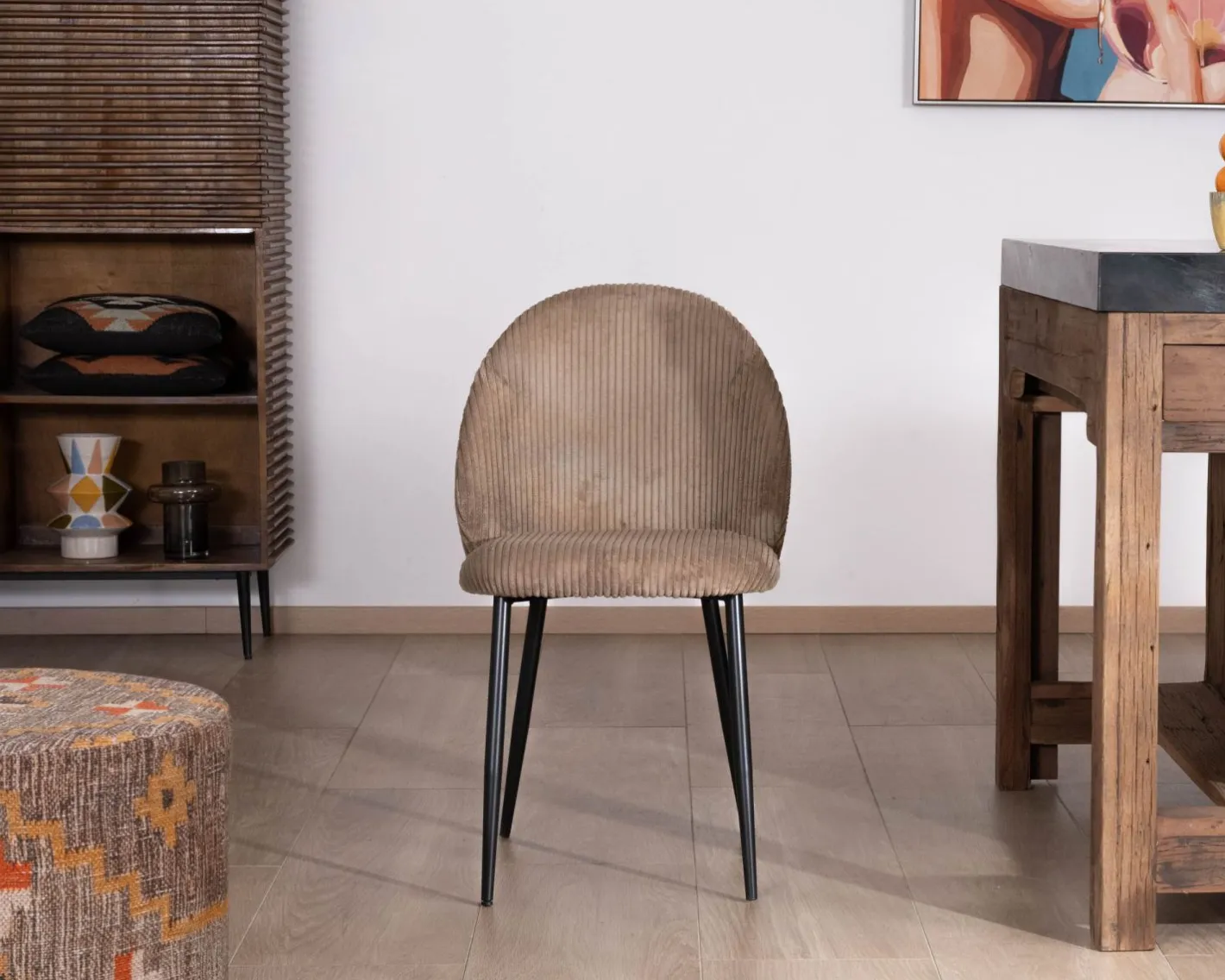 Lot de 4 chaises de repas en velours côtelé taupe esprit vintage "Bellot" Chaise