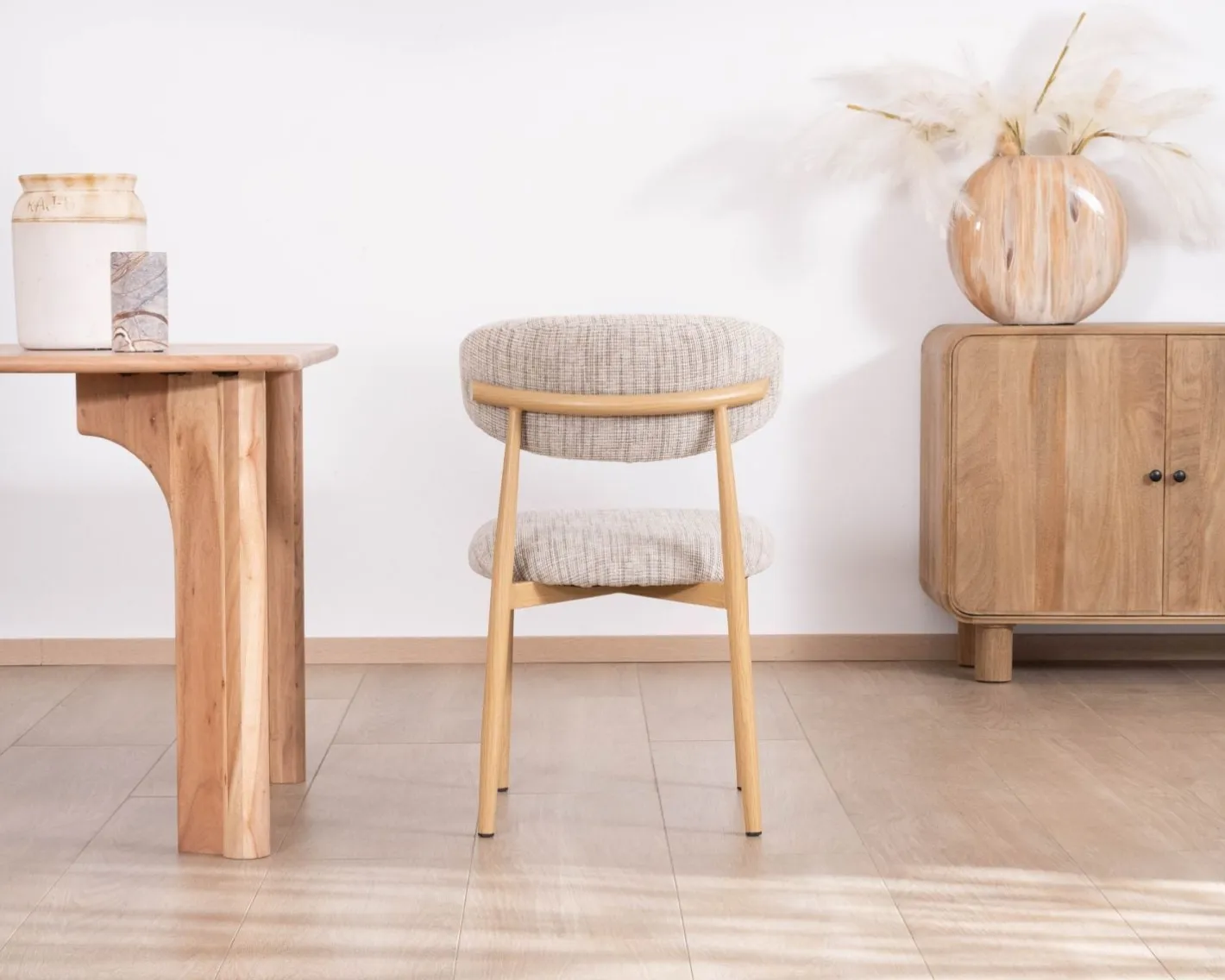 New Lot de 2 chaises de repas esprit rétro en tissu beige tramé marron "Arpège" pieds métal aspect bois clair Chaise