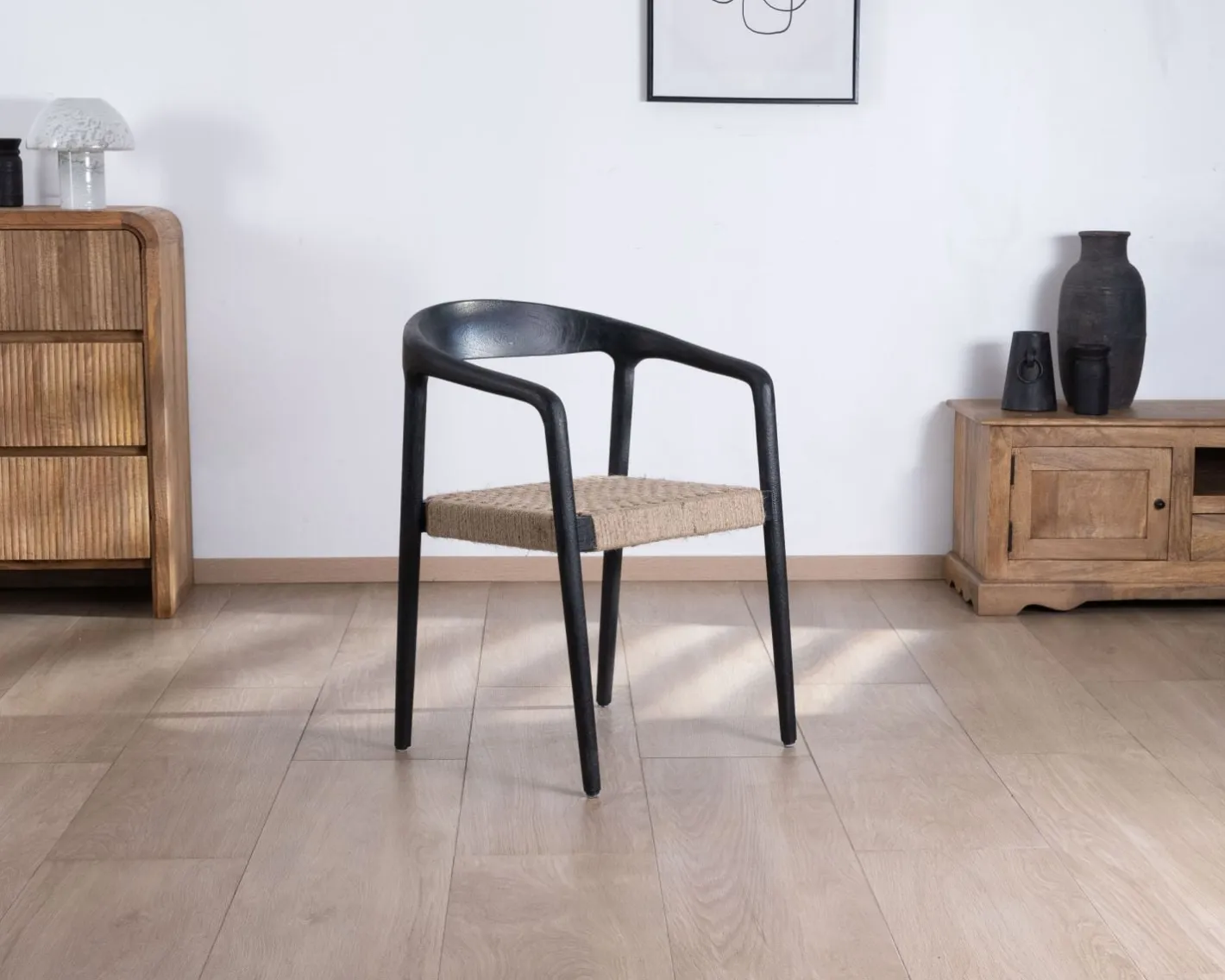 Clearance Lot de 2 chaises design en bois noir et assise jute tressée "Vogue" Chaise