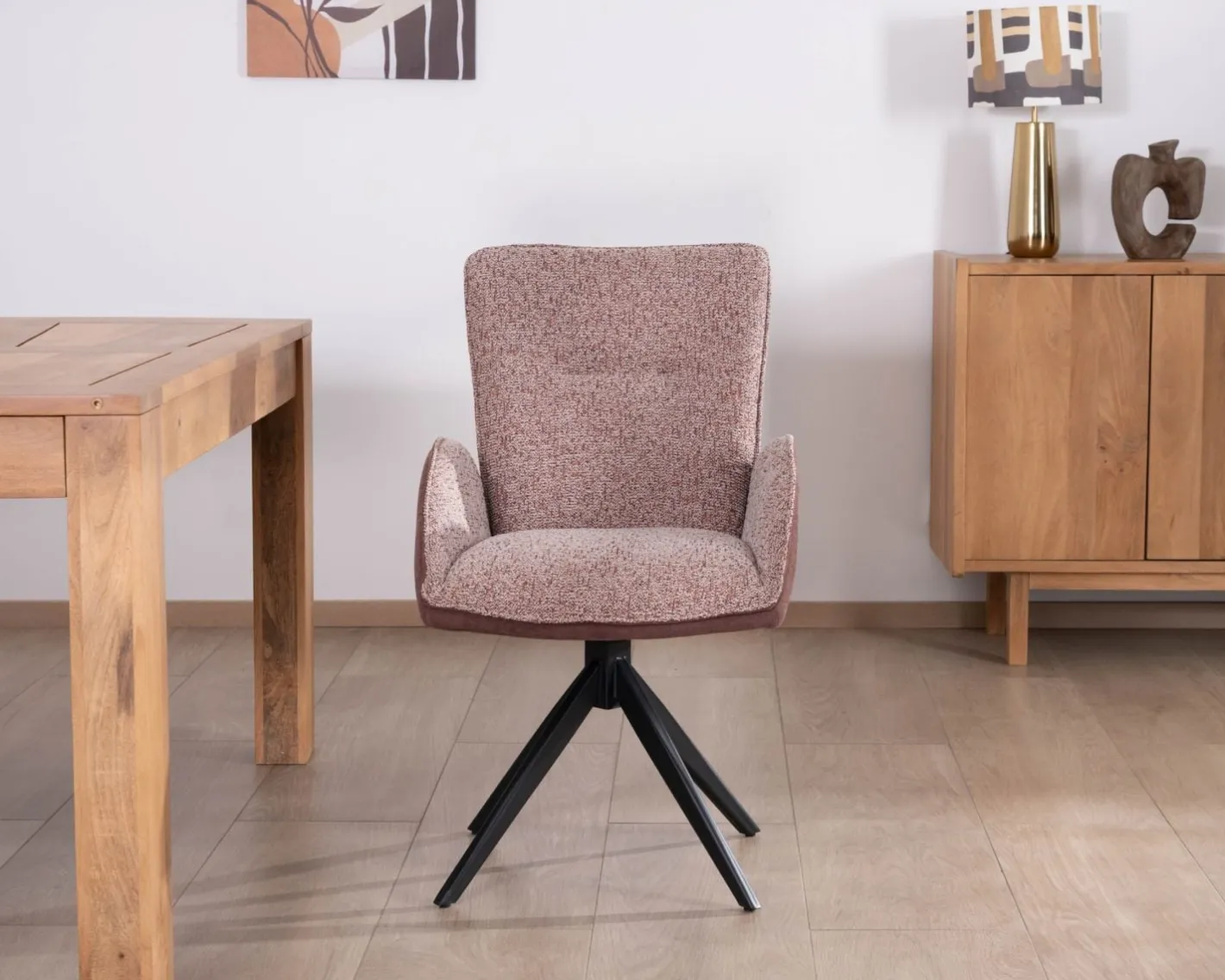 New Lot de 2 chaises en tissu bi-matière prune "Eddy" avec accoudoirs sur pied métal pivotant Chaise